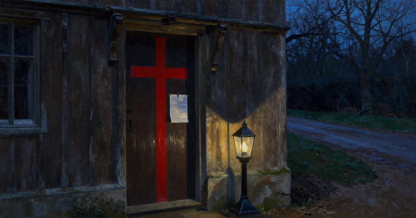 The front door of the manor from outside at dusk: weathered oak planks with a red cross painted across them and a paper notice nailed beside it, a lantern burning on a post by the step, and the road running away under bare trees. Nobody there.