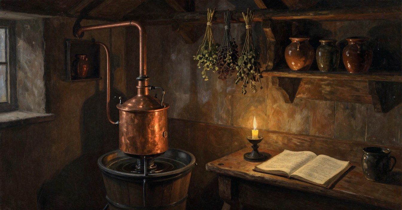 A cold still-room by candlelight: a copper still standing over a wooden tub, its pipe climbing to the beam, bunches of dried herbs hanging overhead, earthenware jars on a shelf, and a receipt book open on the bench. Nobody in the room.