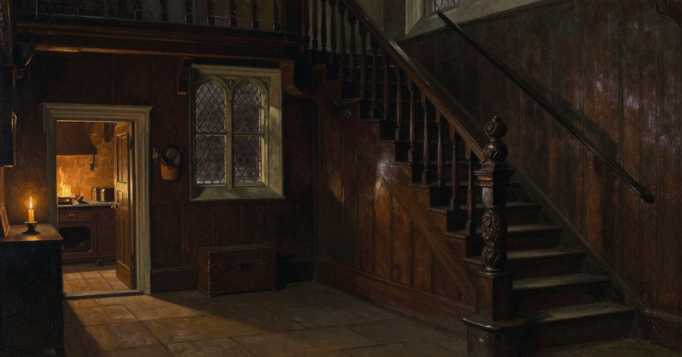 The hall of an old manor at night: the foot of a great oak stair, its square newel post carved and capped with a carved knob, balusters climbing away into shadow, a leaded window with a chest beneath it, and through a doorway the kitchen fire burning. Nobody there.