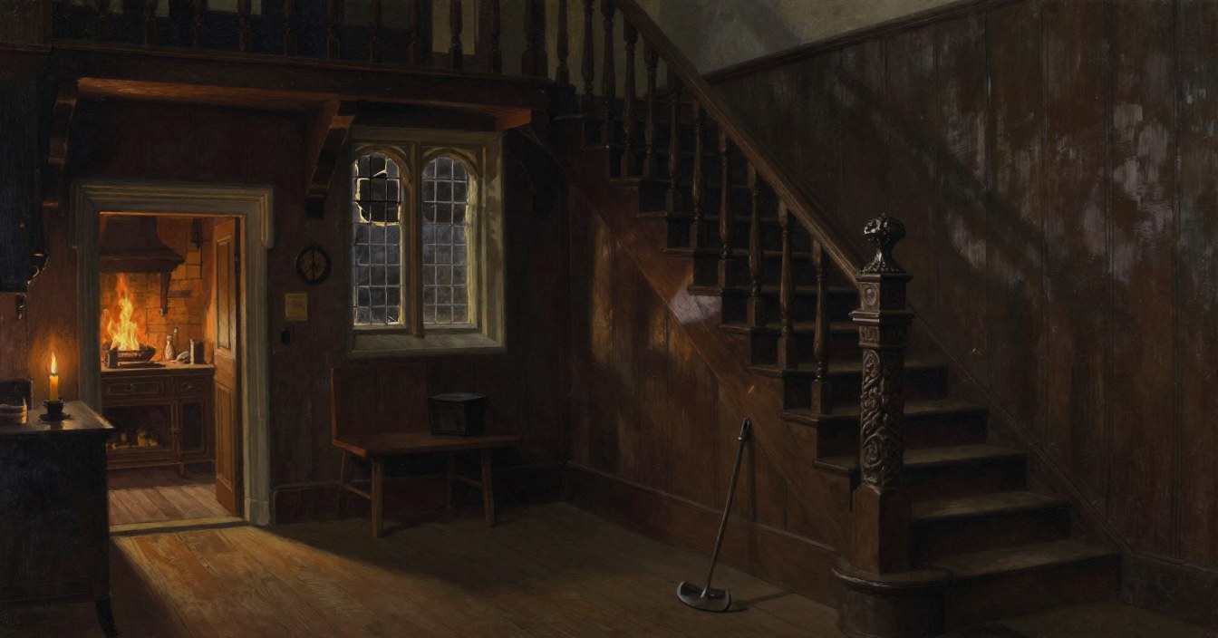 Early light from a leaded window with one pane broken, falling across the foot of an oak stair with the carved cap on its newel post, an iron fire tool leaning against the bottom step, and through a doorway the kitchen fire still burning. Nobody in sight.