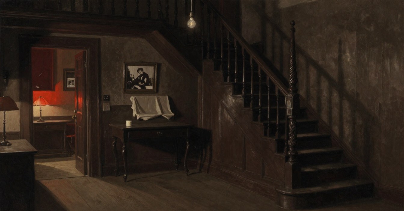 The hall of an old manor in the 1920s at night, lit by one bare electric bulb: the foot of a great oak stair with its tall carved newel post, a dust sheet over a hall table beneath a framed photograph, and a doorway glowing red at the far end. Nobody there.