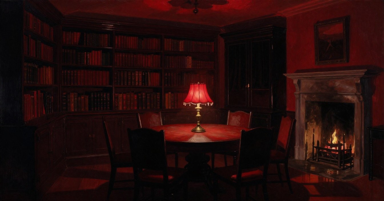 A séance room in a manor library, all in red: a round table with empty chairs drawn up to it, a lamp with a red shade glowing on the table, a fire burning in the grate, and book-lined walls in shadow. Nobody in the room.