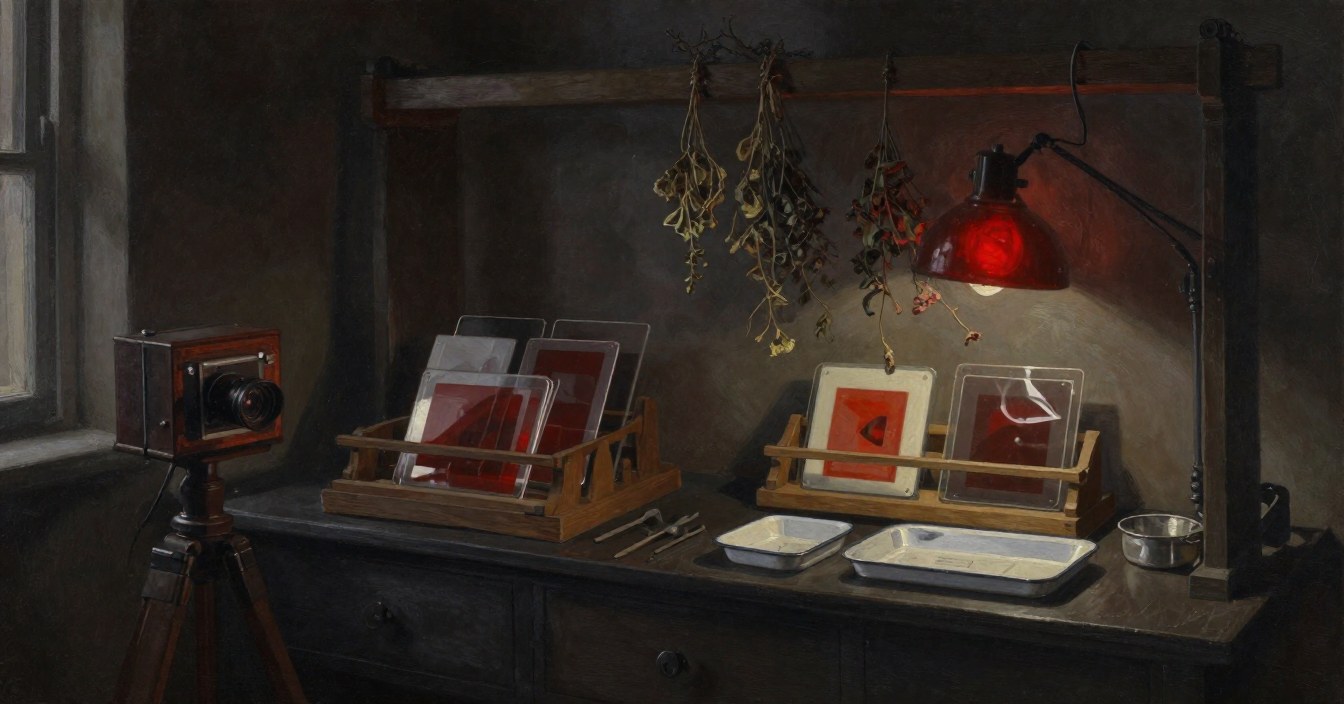 A small photographic darkroom under a red safelight: glass plates drying in a rack, trays on a bench, a plate camera on a tripod, and bunches of old dried herbs still hanging from the beam. Nobody in the room.
