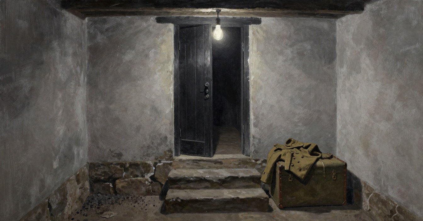 A cellar at the foot of stone steps lit by a single bare bulb: a khaki tin trunk with a greatcoat thrown over it, and an old black oak door standing open at the head of the steps. Nobody there.