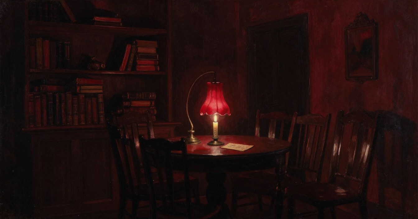 The séance table at the end of the sitting: the red-shaded lamp glowing, a tall candle burned almost to its last mark beside it, a small worn card on the table, and the empty chairs drawn up close. Nobody in the room.