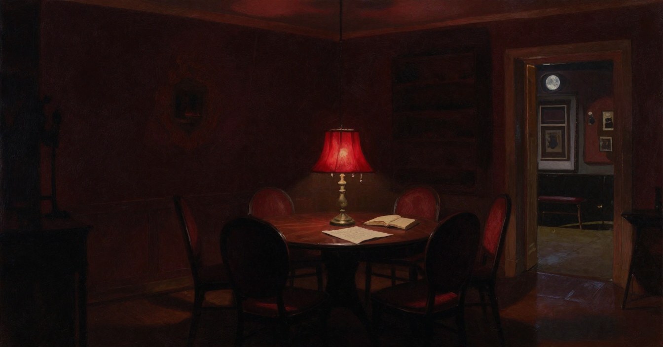 The séance room after the sitting: the red-shaded lamp still lit over an open letter and an open book on the round table, the chairs standing empty around it, and through a doorway a dim hall hung with photographs. Nobody there.